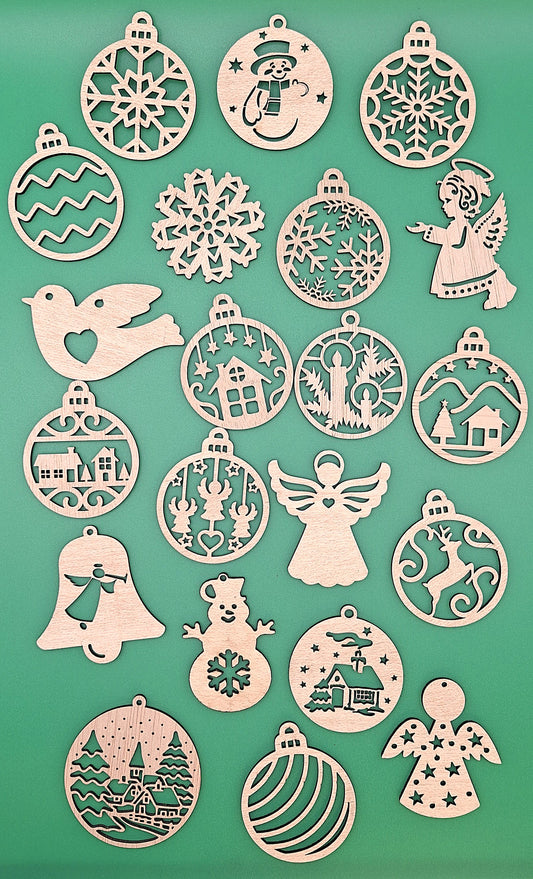 Conjunto de 12 ornamentos de Natal sortidos, em contraplacado de 3mm